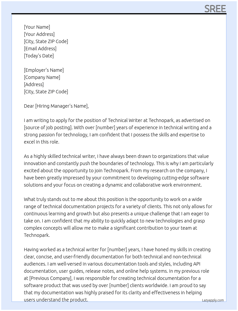 TECHNICAL WRITER At TECHNOPARK Cover Letter