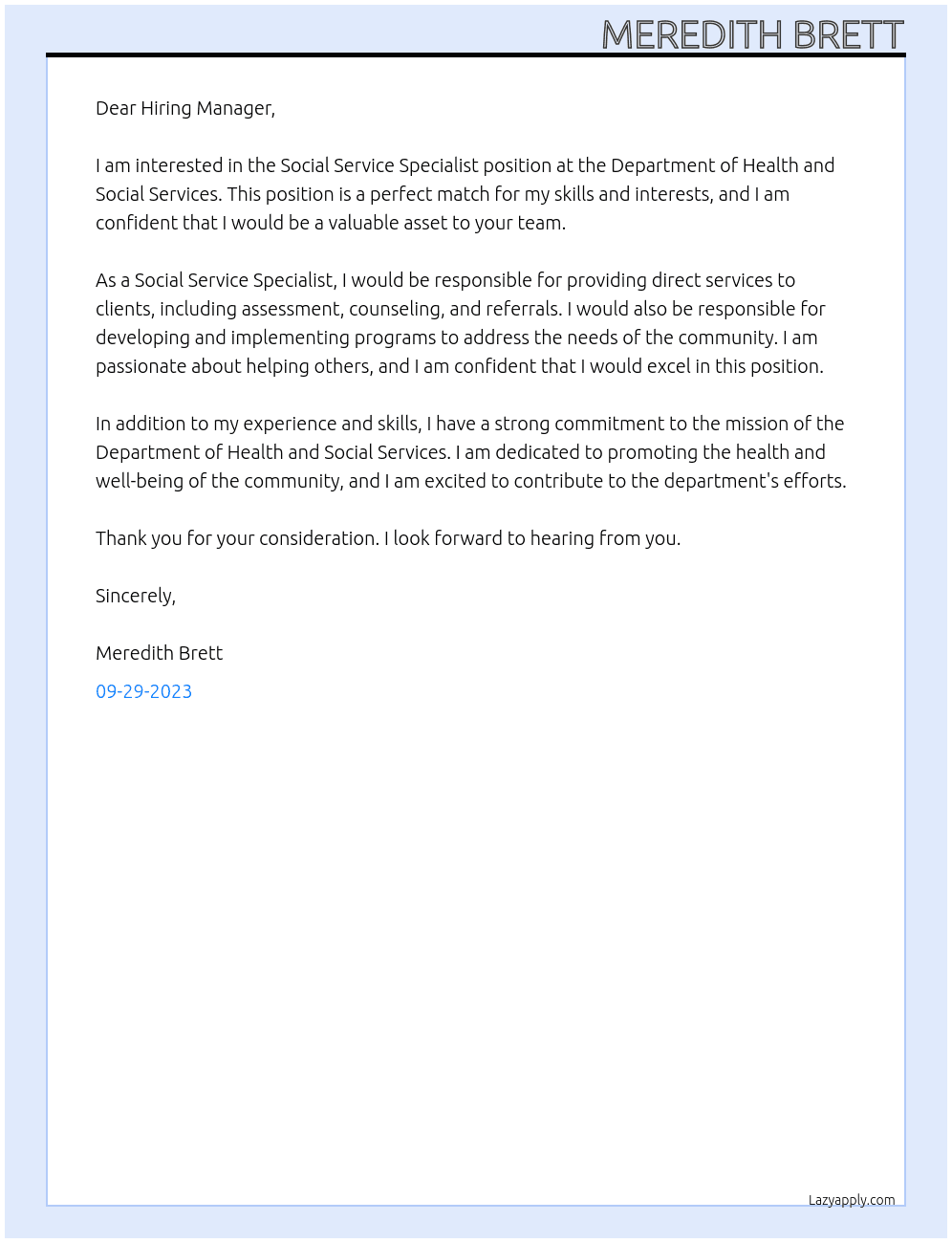 Social Service Specialist At Department of Health and Social Services Cover Letter