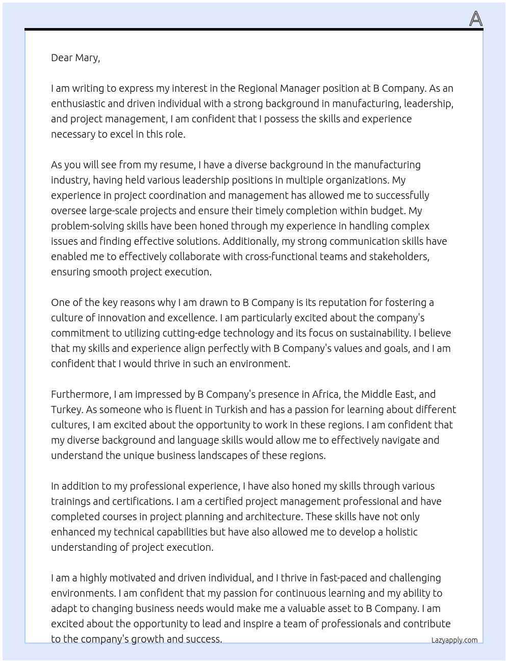regional manager At b Cover Letter