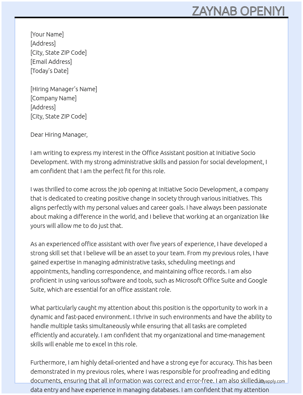 Office Assistant  At Initiative Socio Development  Cover Letter
