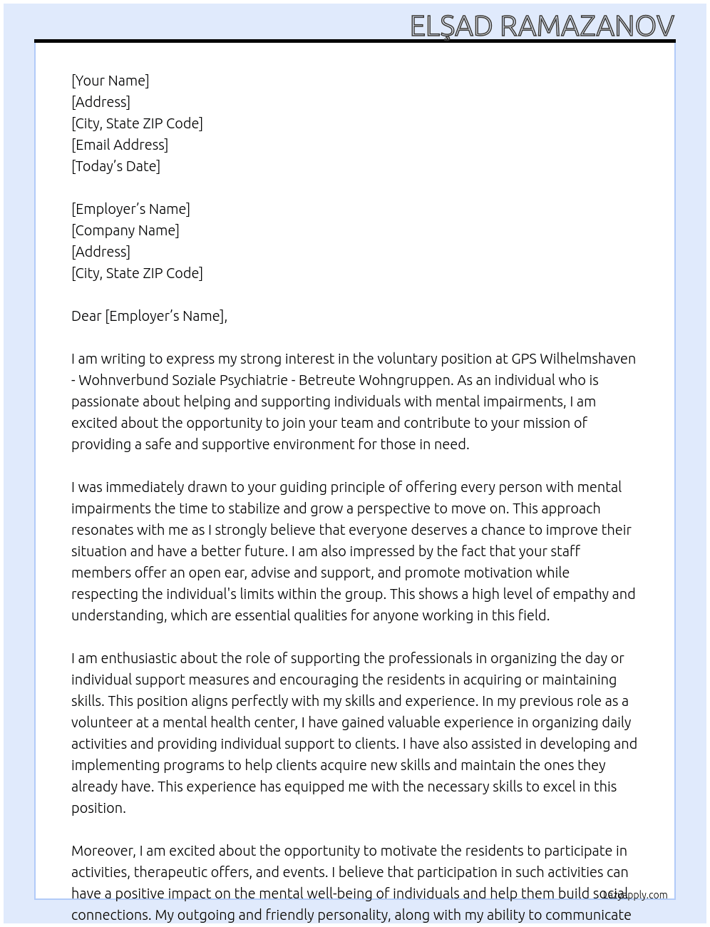 voluntary  At GPS Wilhelmshaven - Wohnverbund Soziale Psychiatrie - Betreute Wohngruppen Cover Letter