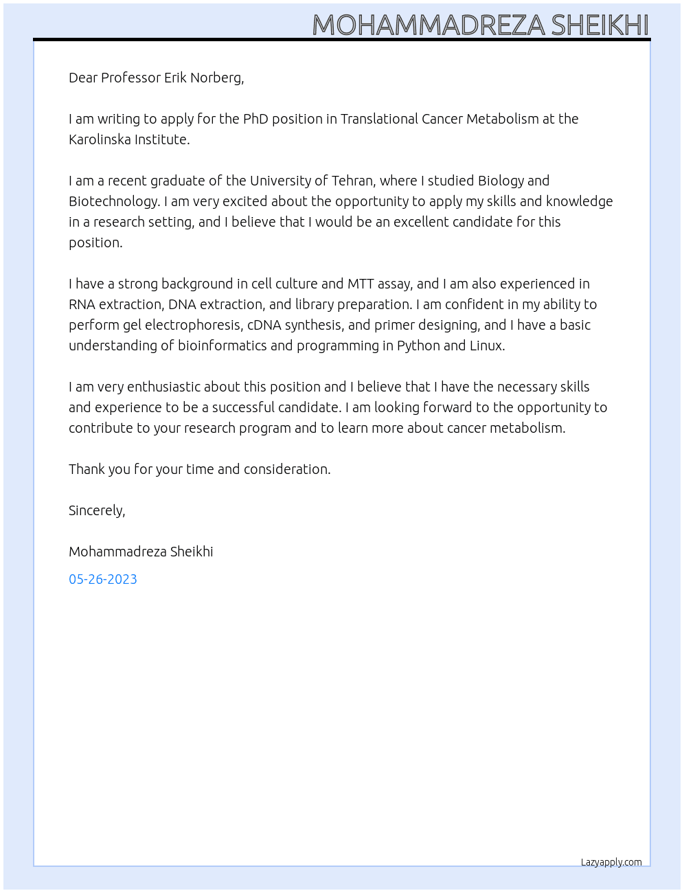 PhD position in Translational Cancer Metabolism At Karolinska Institute  Cover Letter