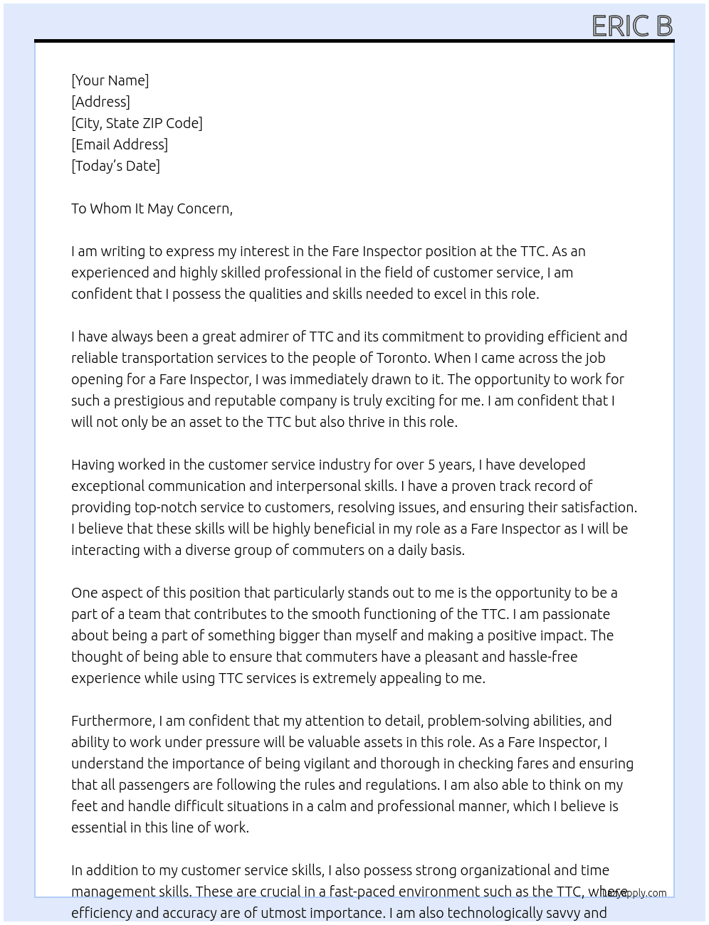 Fare Inspector At TTC Cover Letter