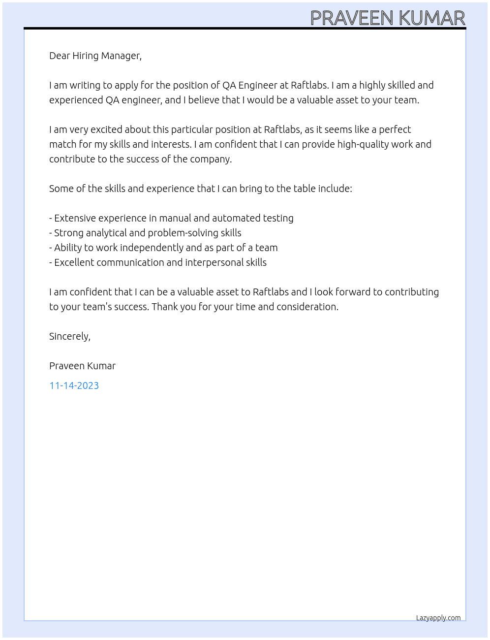 QA Engineer At Raftlabs Cover Letter