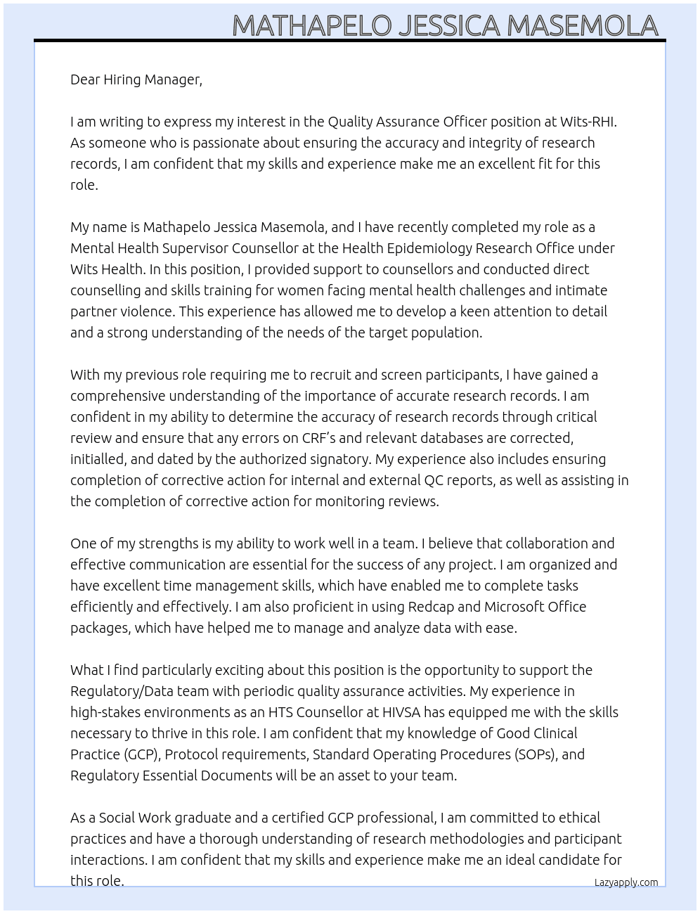 Quality Assurance Office At Wits-RHI Cover Letter