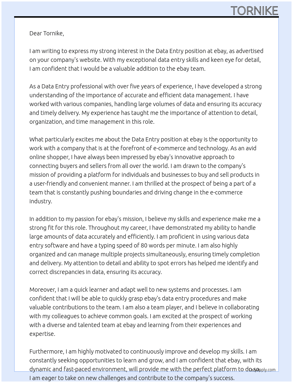Data Entry At ebay Cover Letter