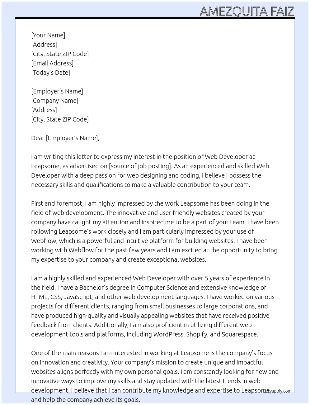 Web Developer (Webflow) At Leapsome  Cover Letter