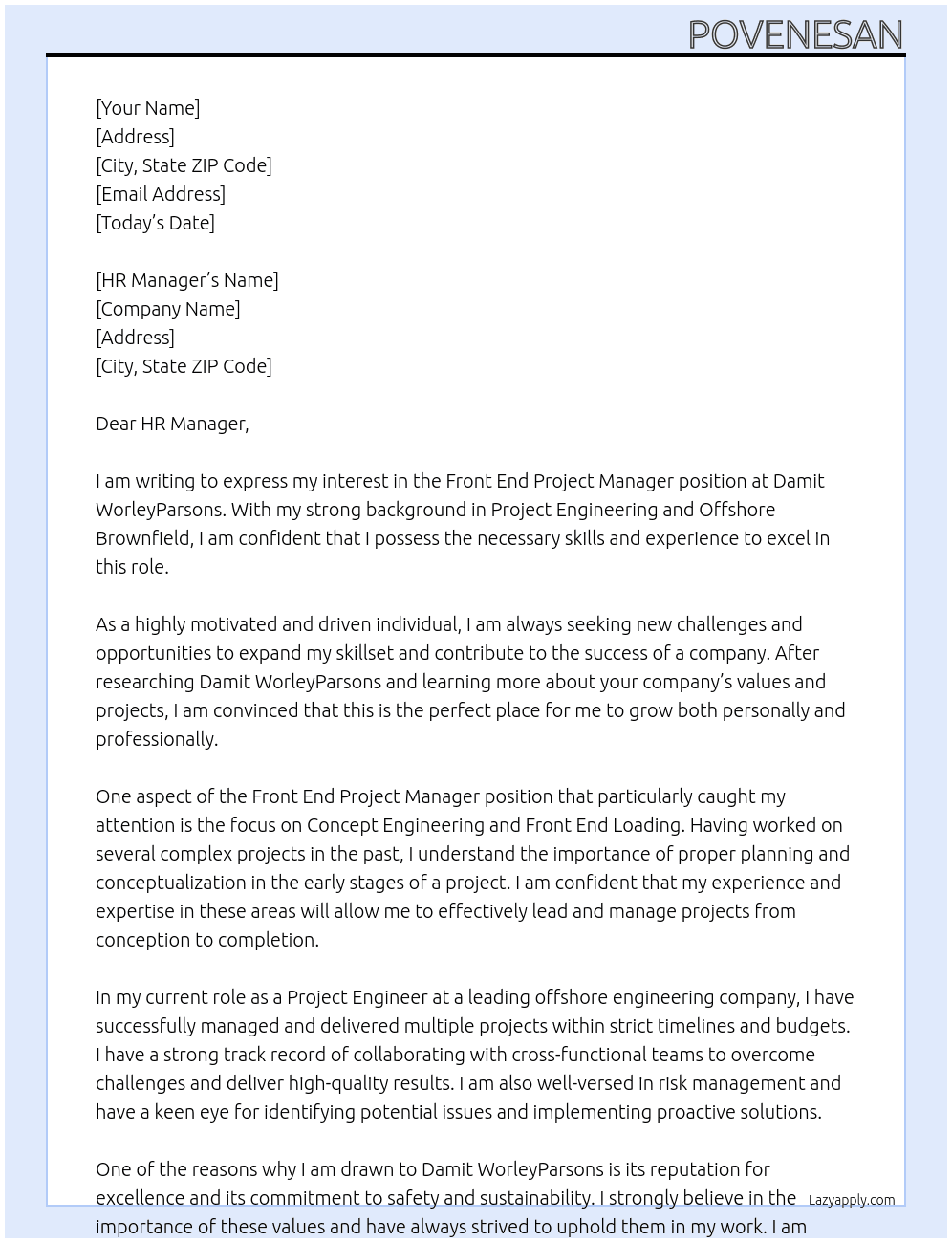 Front End Project Manager At Damit WorleyParsons Cover Letter