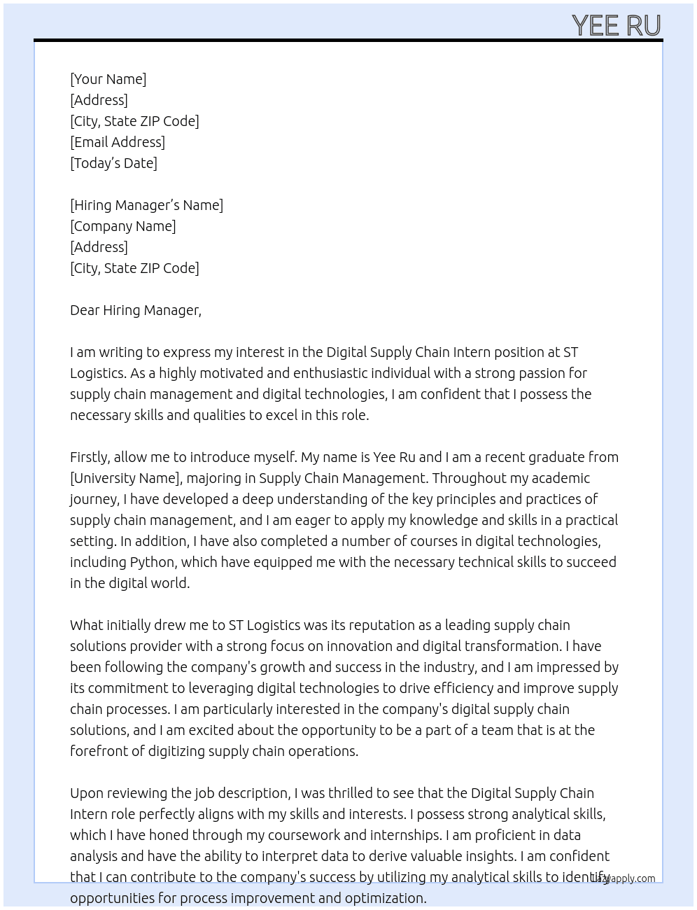 Digital Supply Chain Intern At ST Logistics Cover Letter
