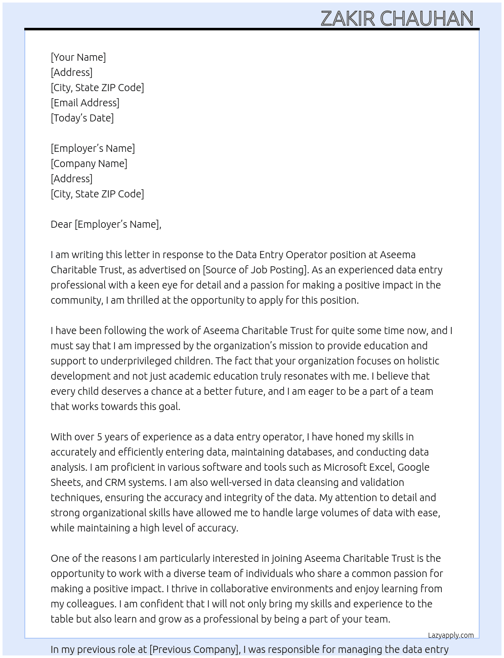 Data Entry Operator  At Aseema Charitable Trust  Cover Letter