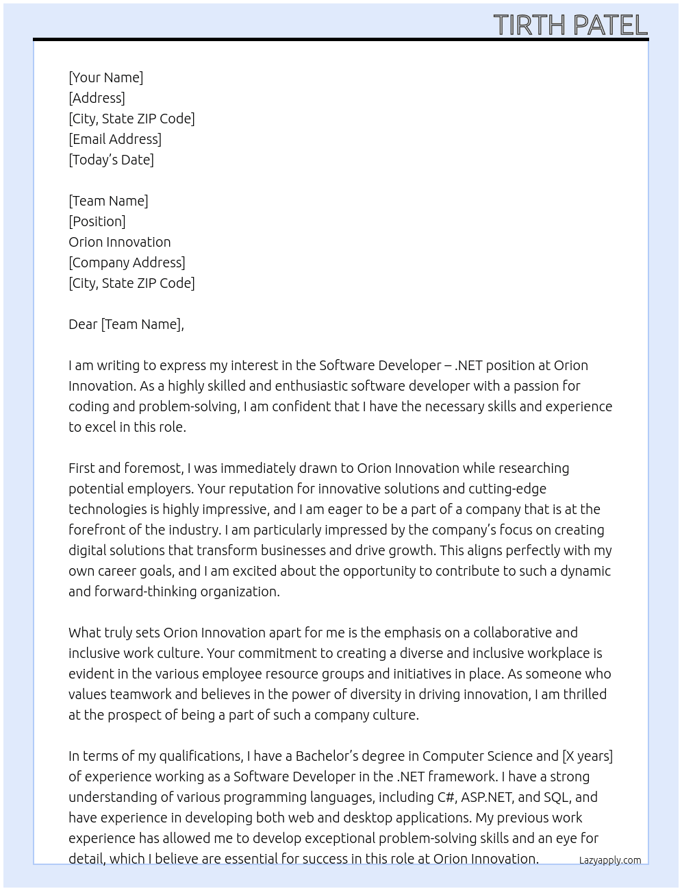 Software Developer - .NET At Orion Innovation Cover Letter