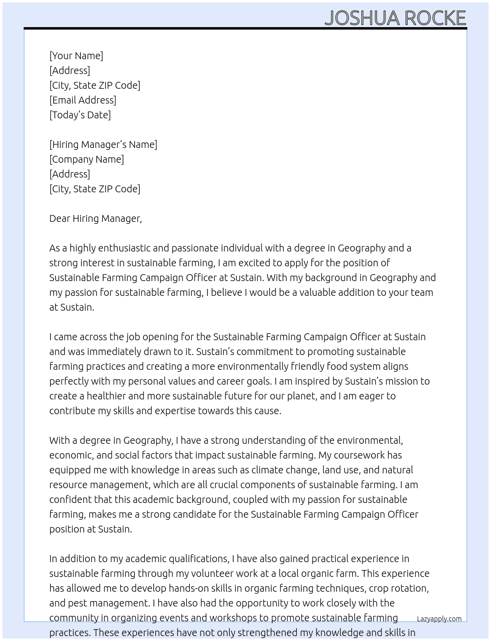 Sustainable Farming Campaign Officer At Sustain Cover Letter