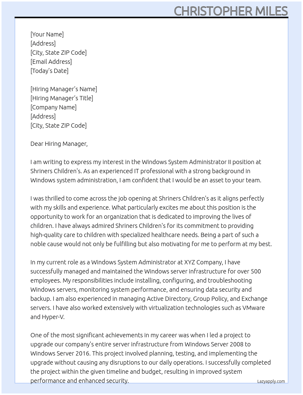 Windows System Administrator II At Shriners Children's Cover Letter