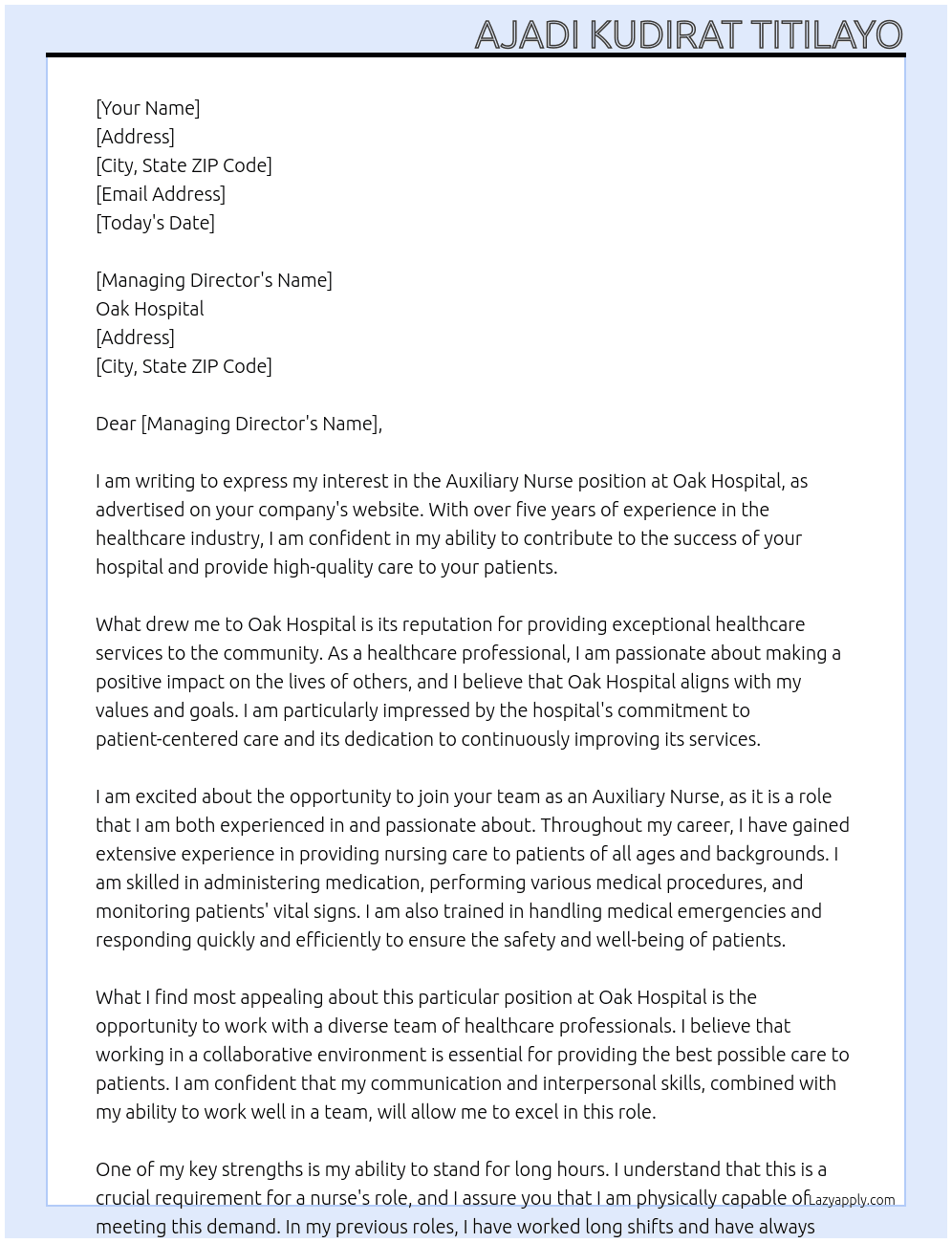 Auxiliary Nurse At Oak hospital Cover Letter