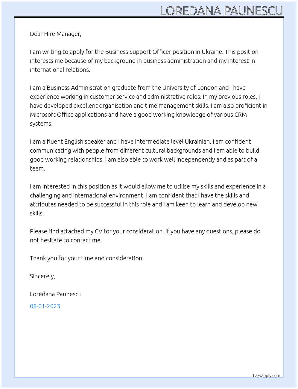 Business Support Officer - Ukraine At Hillingdon LBC Cover Letter