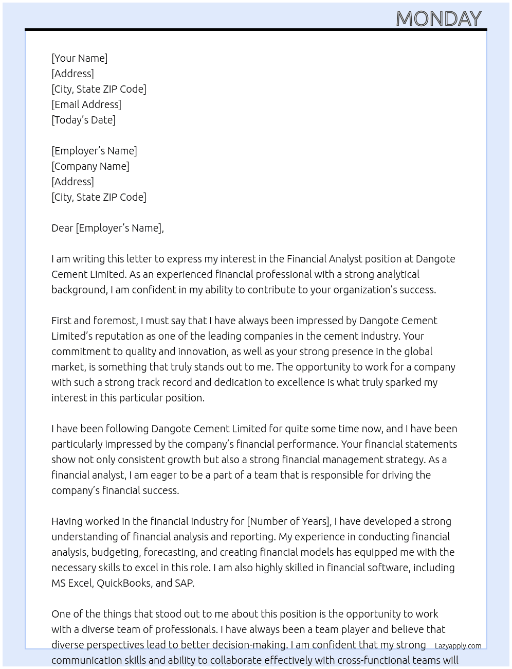 Financial analyst  At Dangote cement Limited  Cover Letter