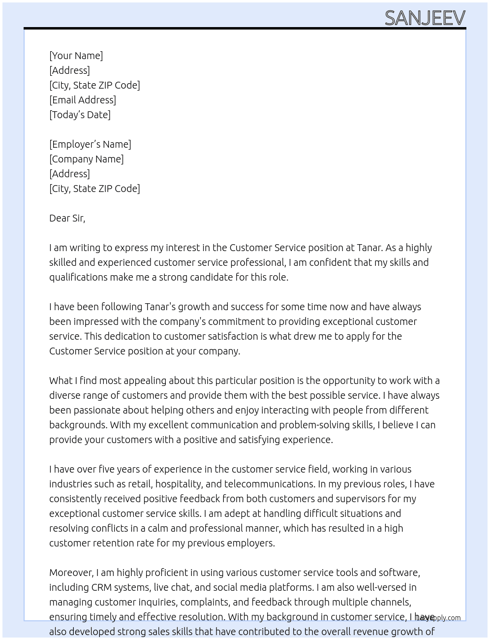 Customer Service At Tanar Cover Letter