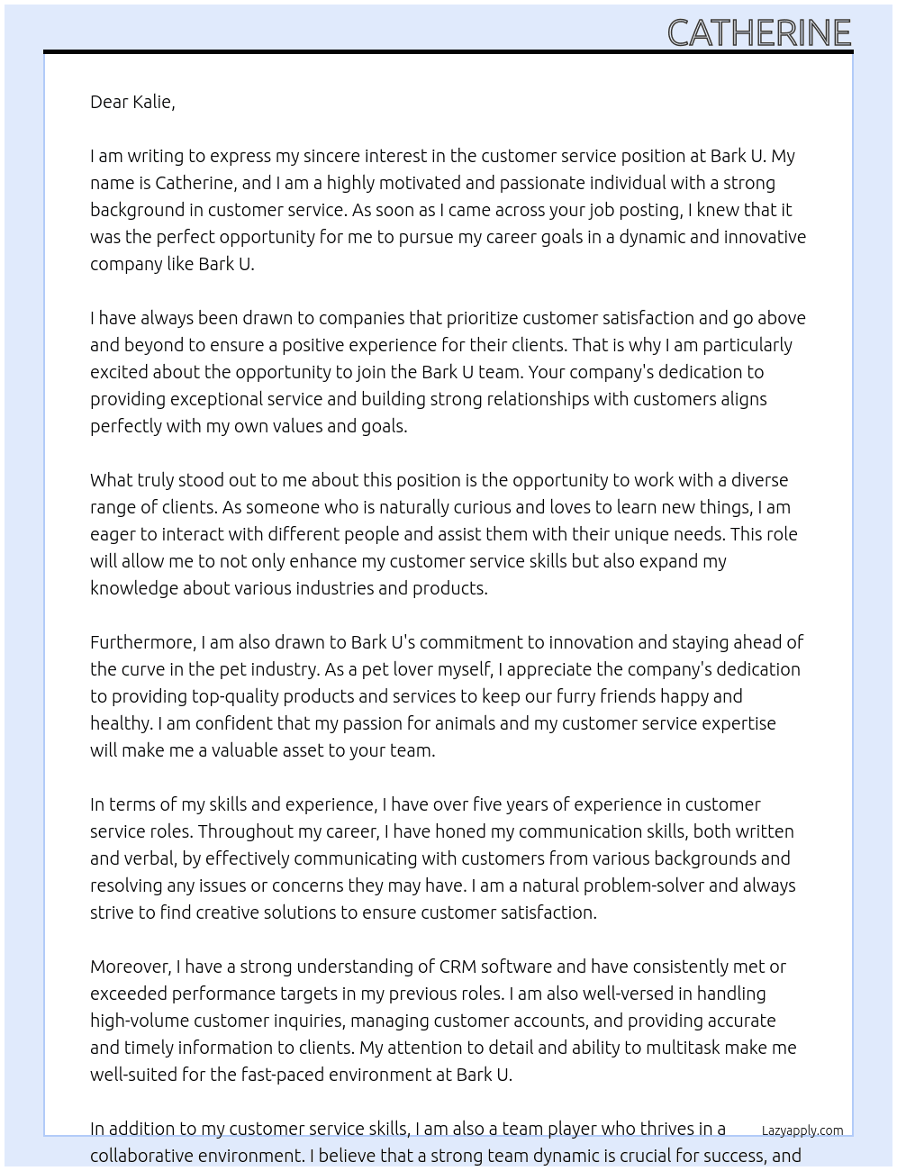 customer service At Bark U  Cover Letter