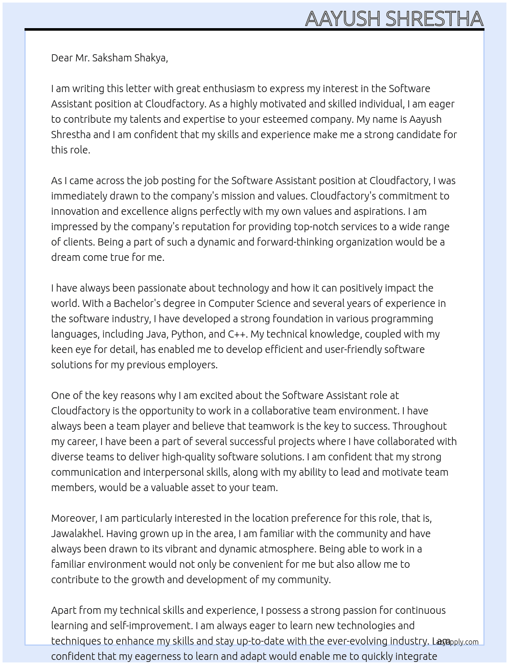 Software Assistant At Cloudfactory Cover Letter