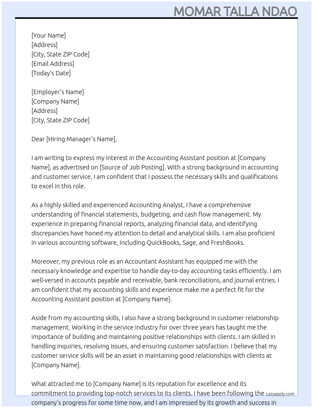 Accounting Assistant At X Cover Letter