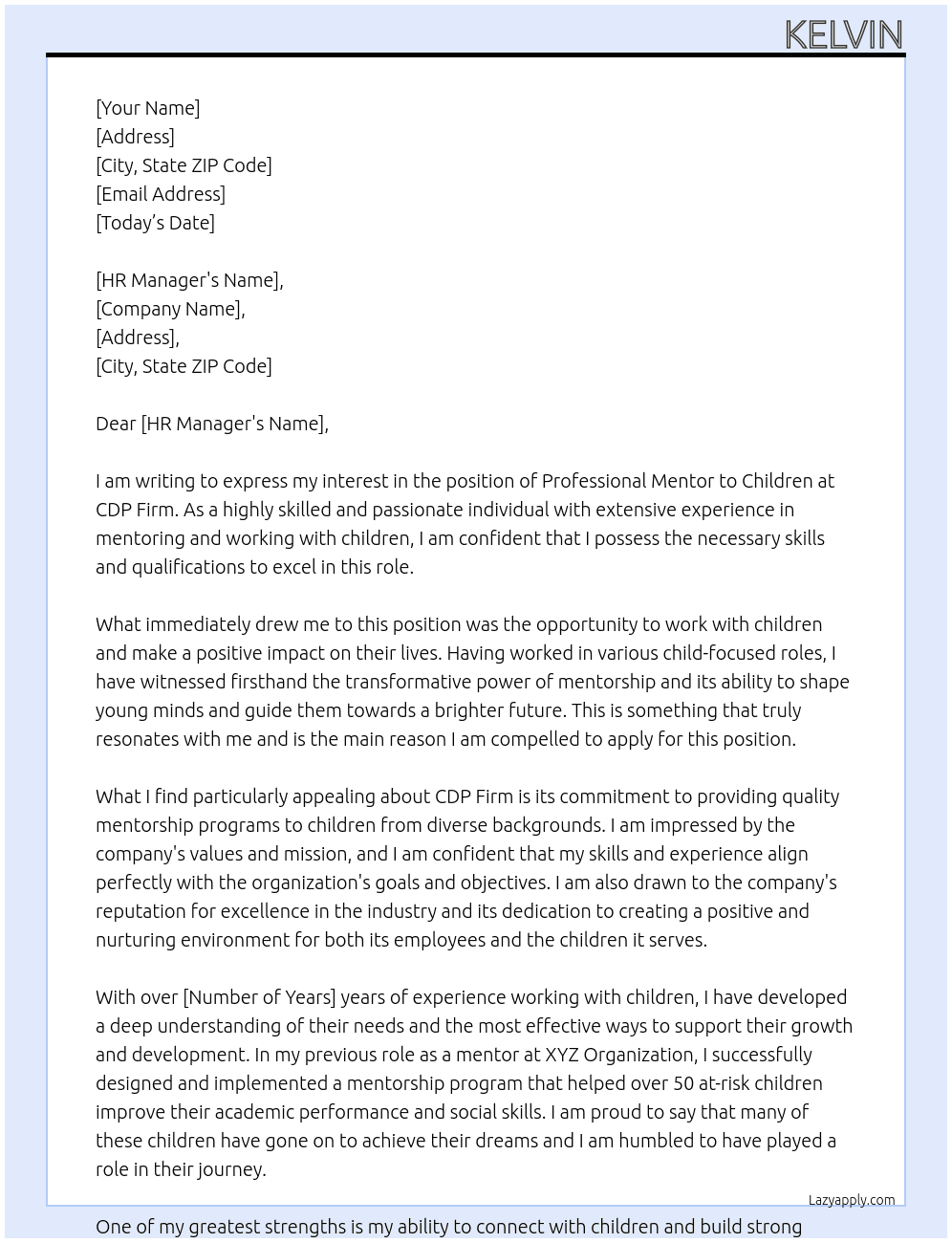 Professional Mentor to Children At CDP Firm Cover Letter