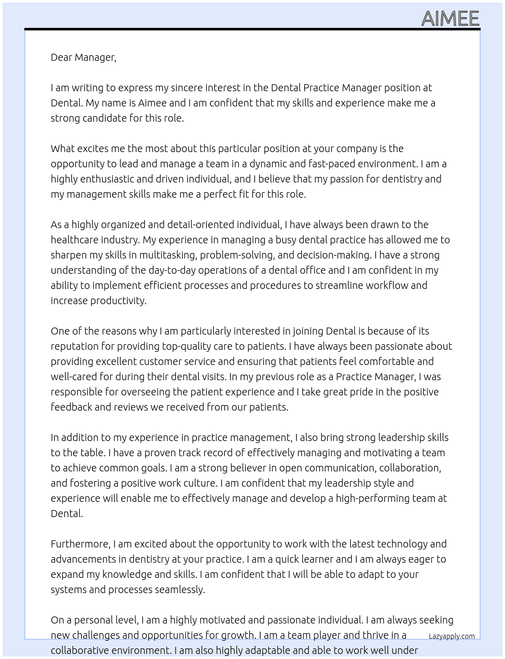 Dental Practice Manager At Dental  Cover Letter