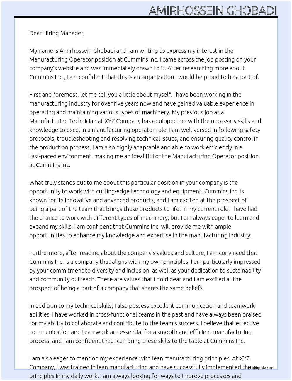 Manufacturing Operator At Cummins Inc. Cover Letter