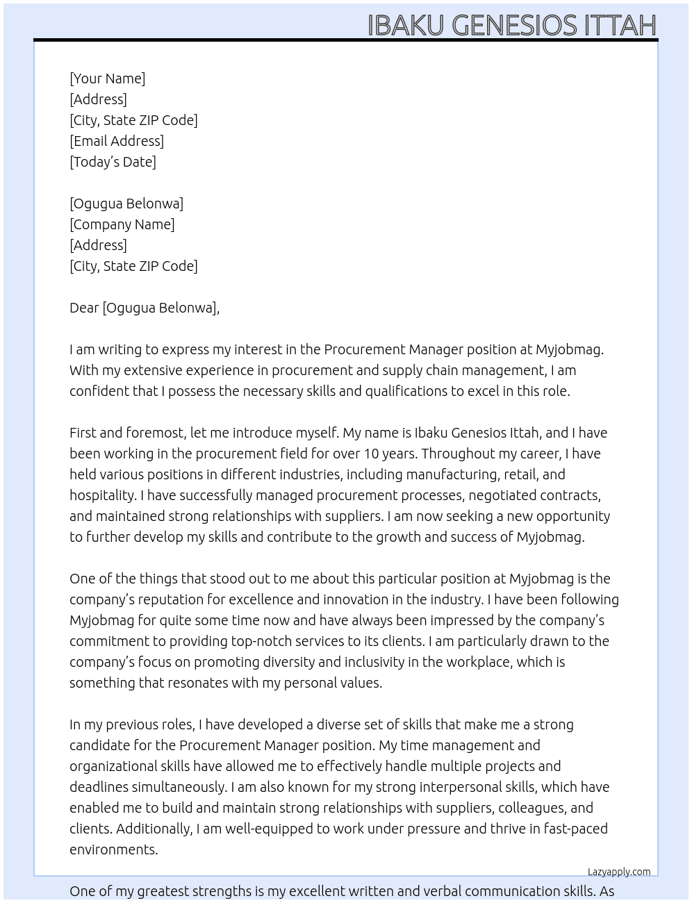 Procurement Manager At Myjobmag Cover Letter