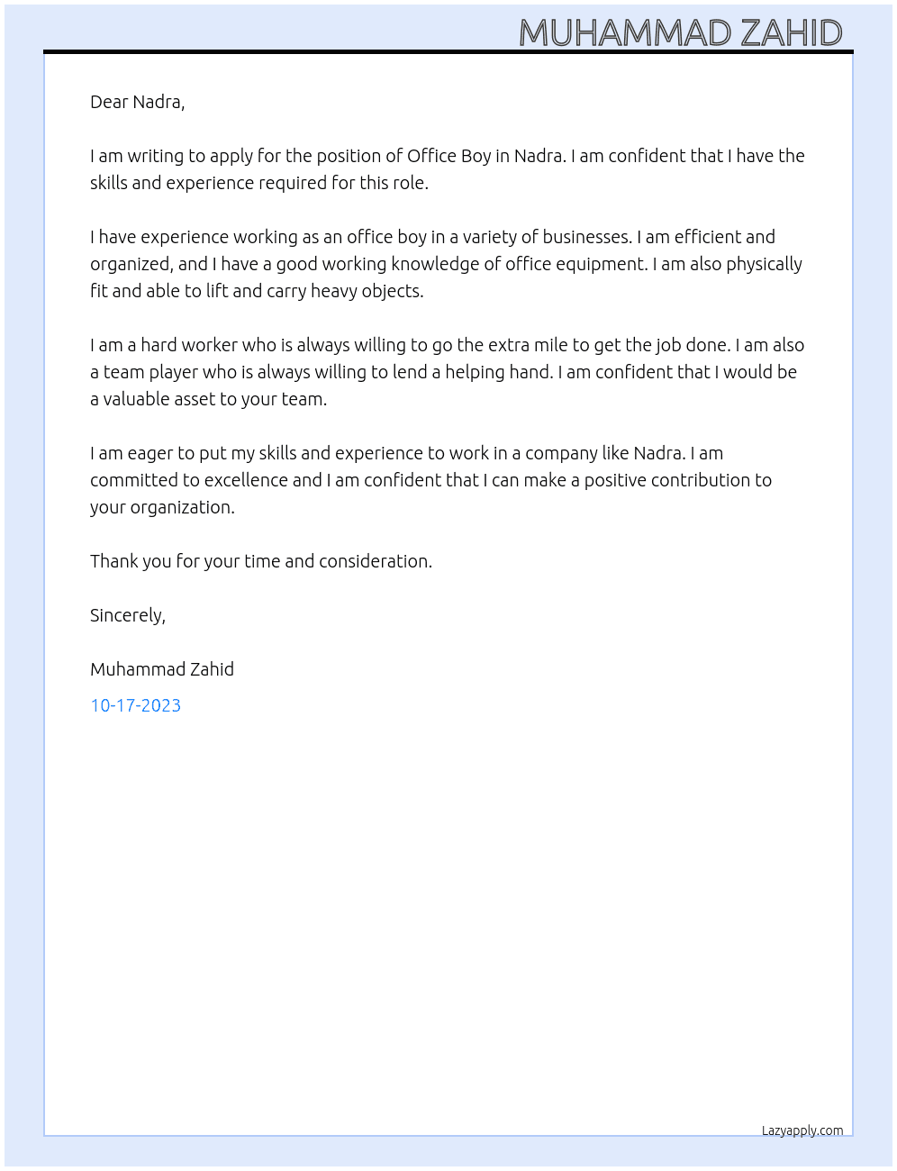Office boy in nadra At Nadra pakistan  Cover Letter