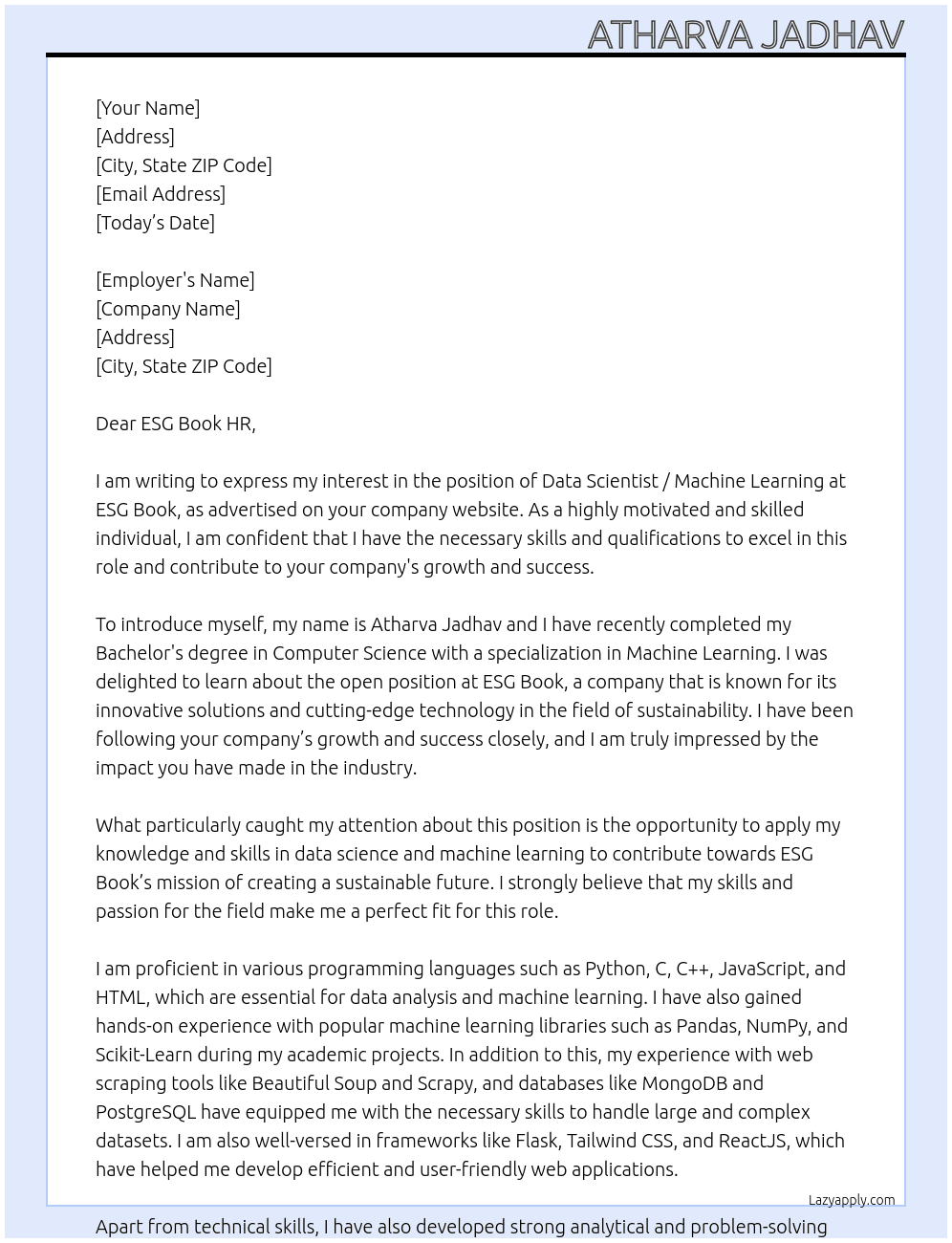 Data Scientist /Machine Learning (freshers) At ESG Book Cover Letter