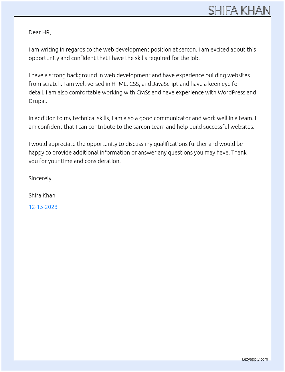 web development At sarcon Cover Letter
