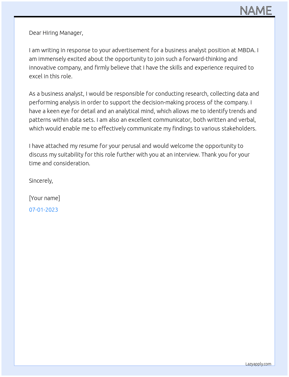 business analyst At MBDA Cover Letter