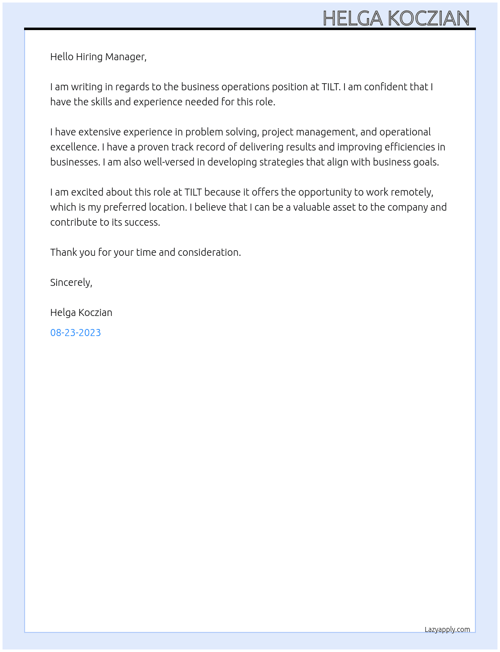 Business operations  At TILT Cover Letter