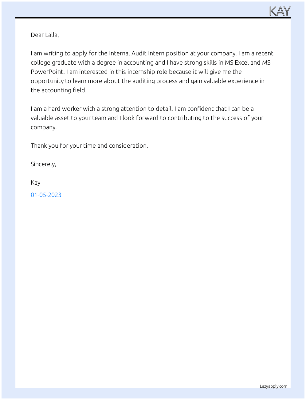 Internal Audit Intern At Lalla Cover Letter