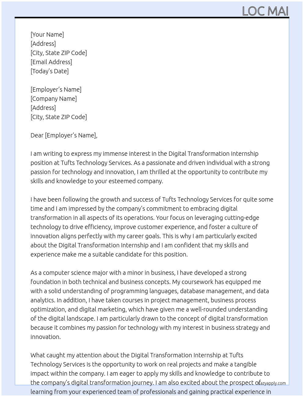 Digital Transformation Internship At Tufts Technology Services Cover Letter