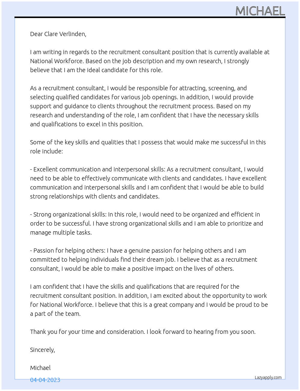 Recruitment Consultant At National Workforce Cover Letter