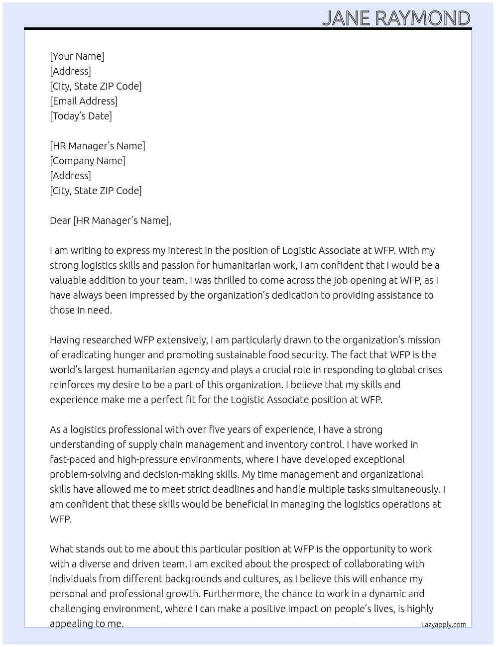 Cover letter for logistic associate - LazyApply