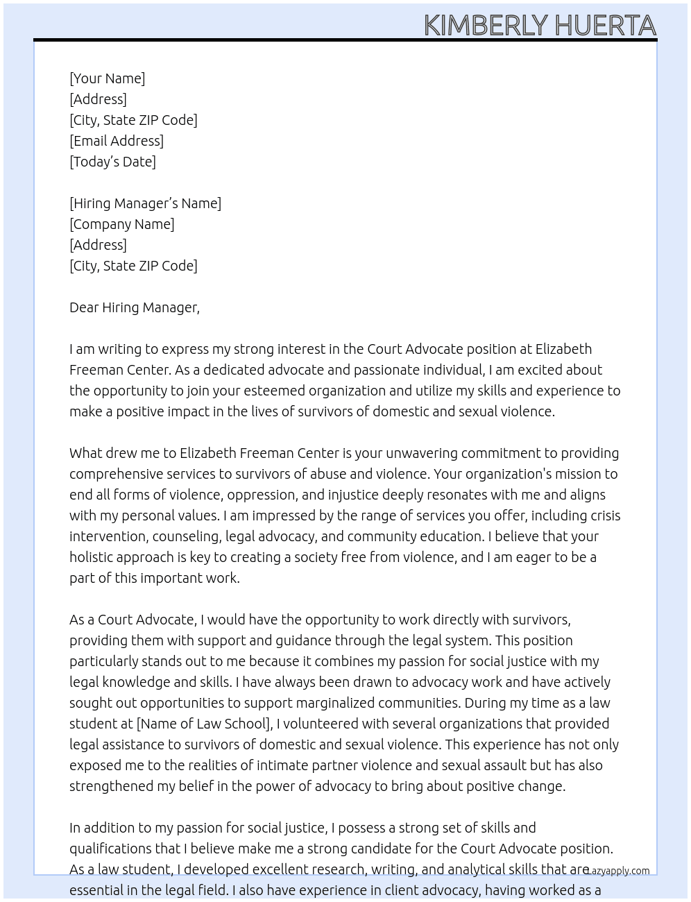 COURT ADVOCATE At Elizabeth Freeman Center Cover Letter