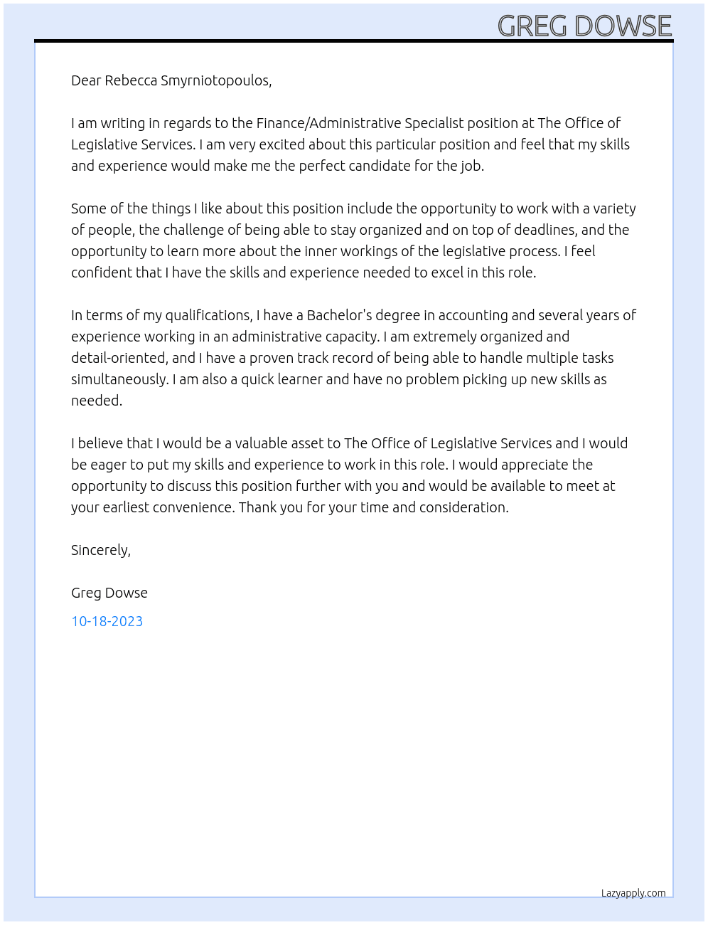 Finance/Administrative Specialist At The Office of Legislative Services Cover Letter