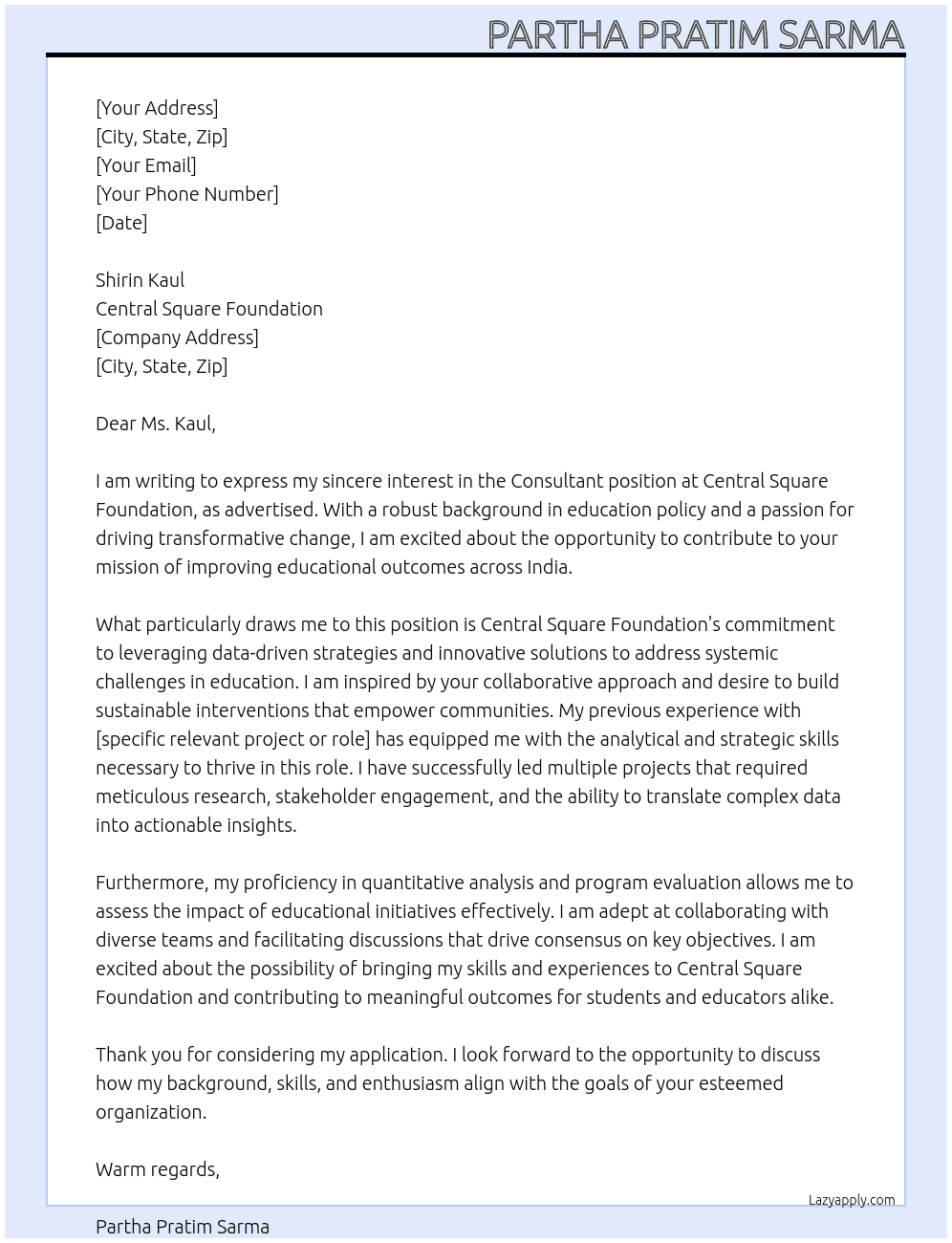 Consultant At Central Square Foundation Cover Letter