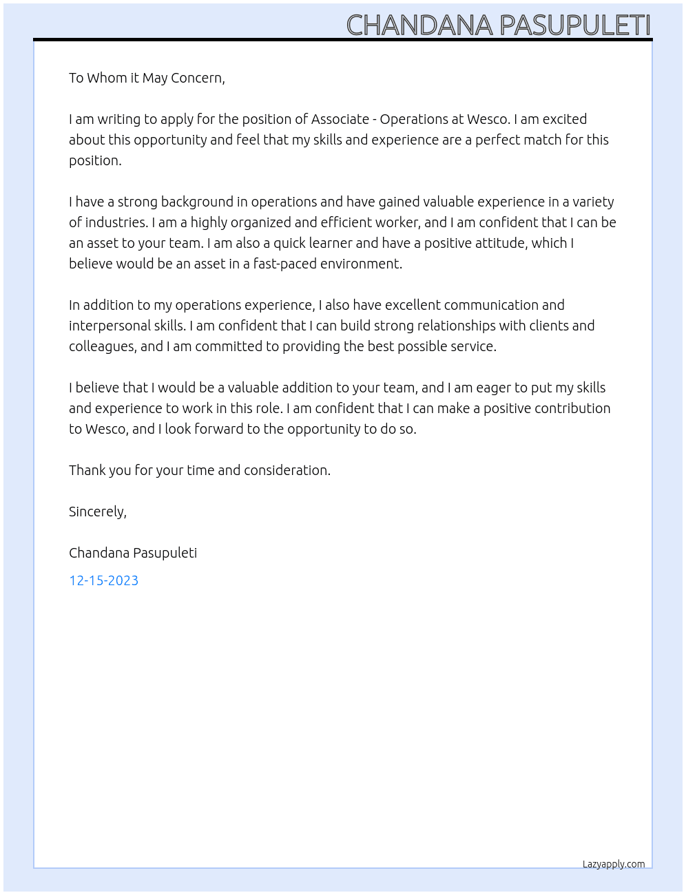 associate - operations  At wesco  Cover Letter