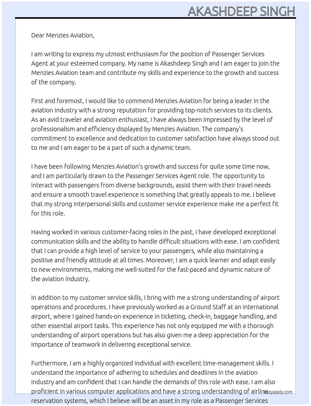 Passenger Services Agent At Menzies Aviation Cover Letter
