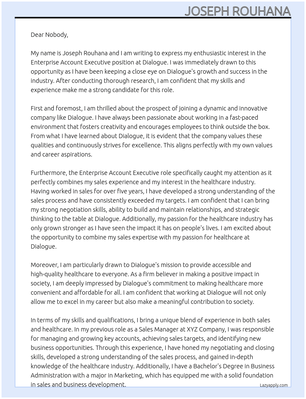 Entreprise account executive At Dialogue Cover Letter