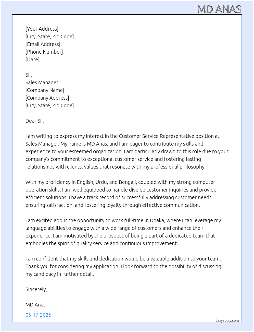 𝐂𝐮𝐬𝐭𝐨𝐦𝐞𝐫 𝐒𝐞𝐫𝐯𝐢𝐜𝐞 𝐑𝐞𝐩𝐫𝐞𝐬𝐞𝐧𝐭𝐚𝐭𝐢𝐯𝐞 At Sales manager Cover Letter