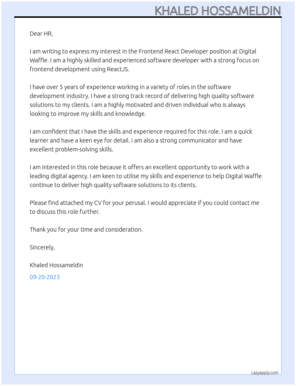 Frontend React Developer At Digital Waffle Cover Letter