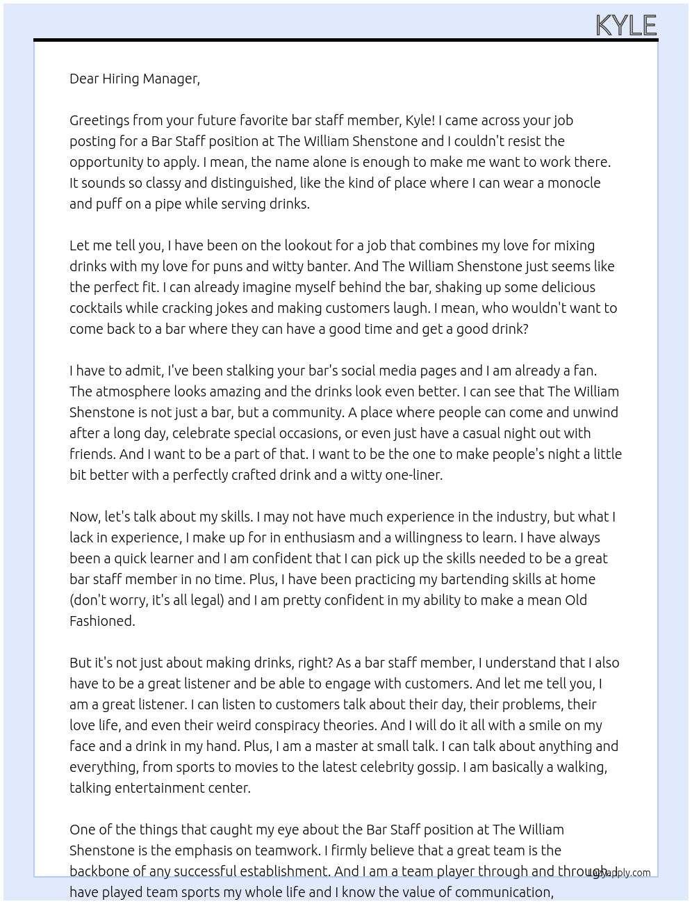 Bar Staff At The William Shenstone Cover Letter