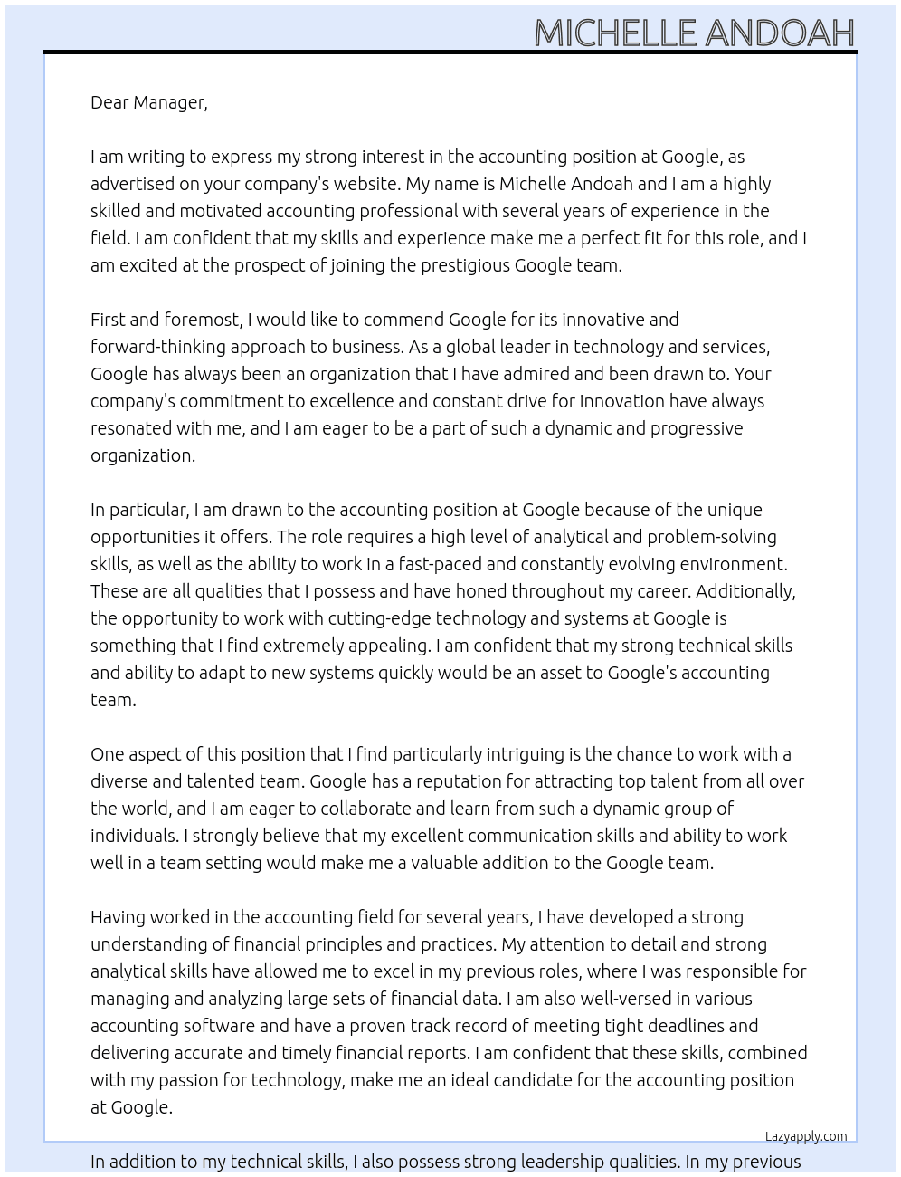 accounting At google Cover Letter
