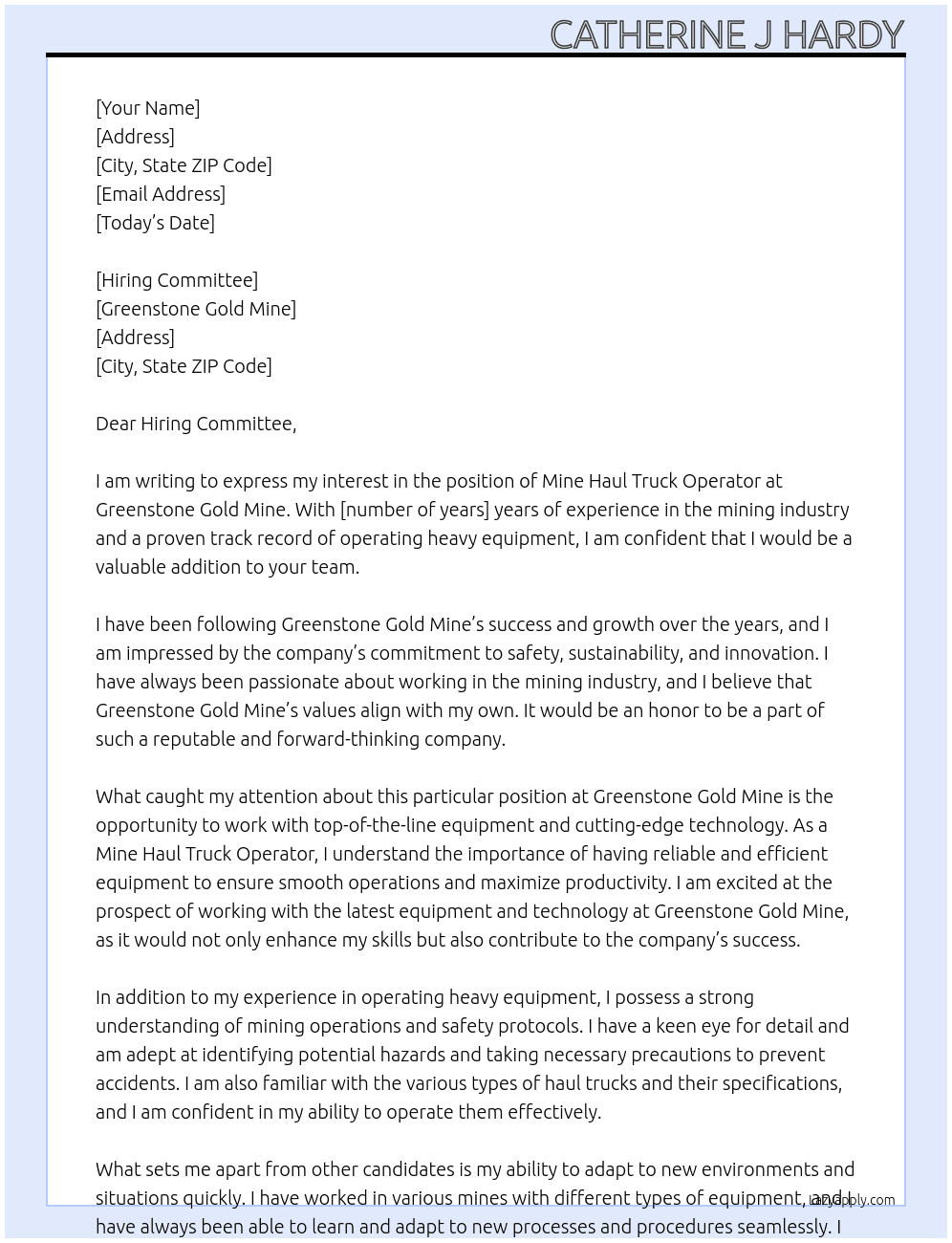Cover letter for mine haul truck operator - LazyApply