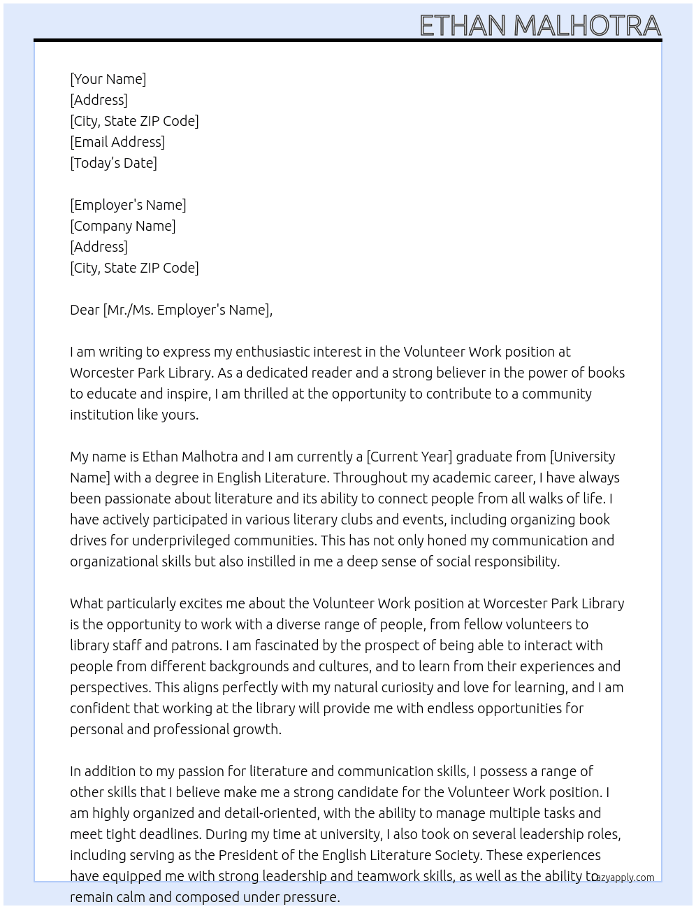 Volunteer work At Worcester Park Library Cover Letter