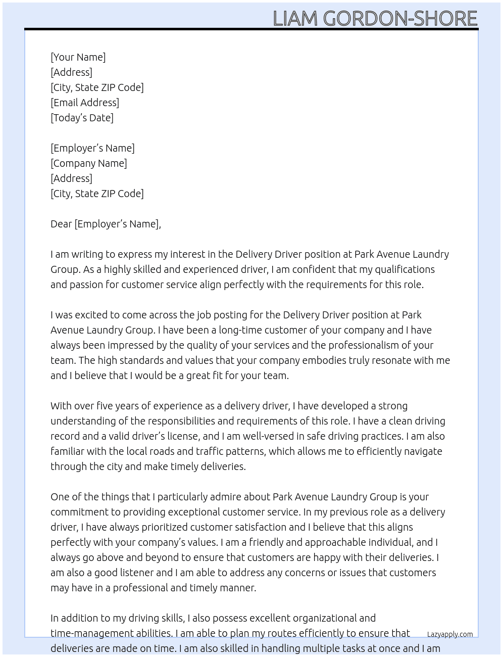 Delivery Driver At Park Avenue Laundry Group Cover Letter